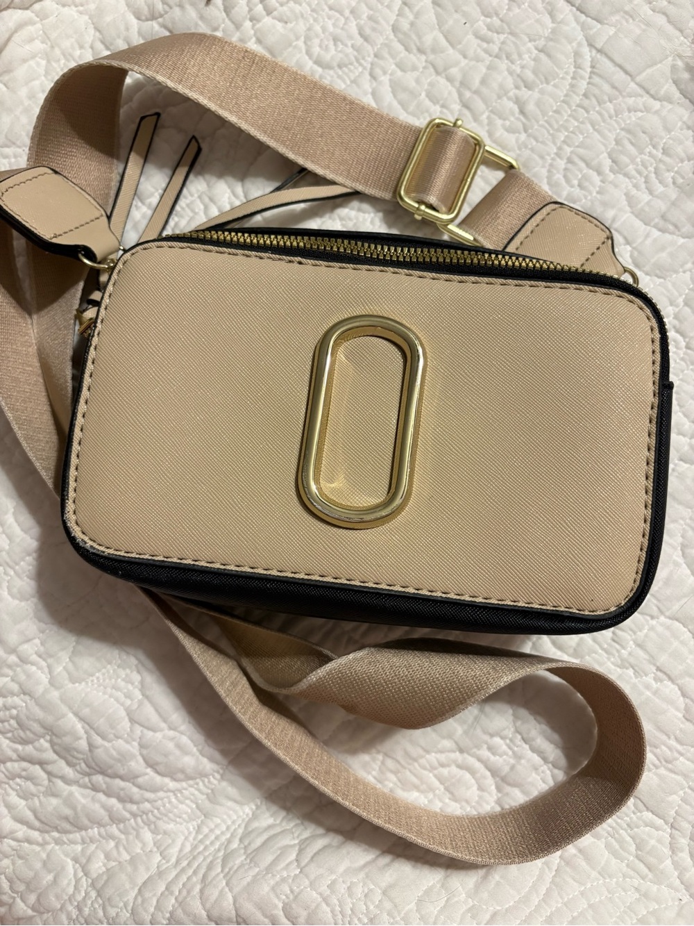 Beige Crossbody Camera Bag with Gold Accent